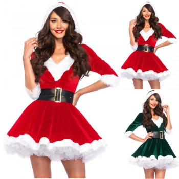 Miss Santa Claus Outfits Women Christmas Dresses Adult Costume Half Sleeve Red Black